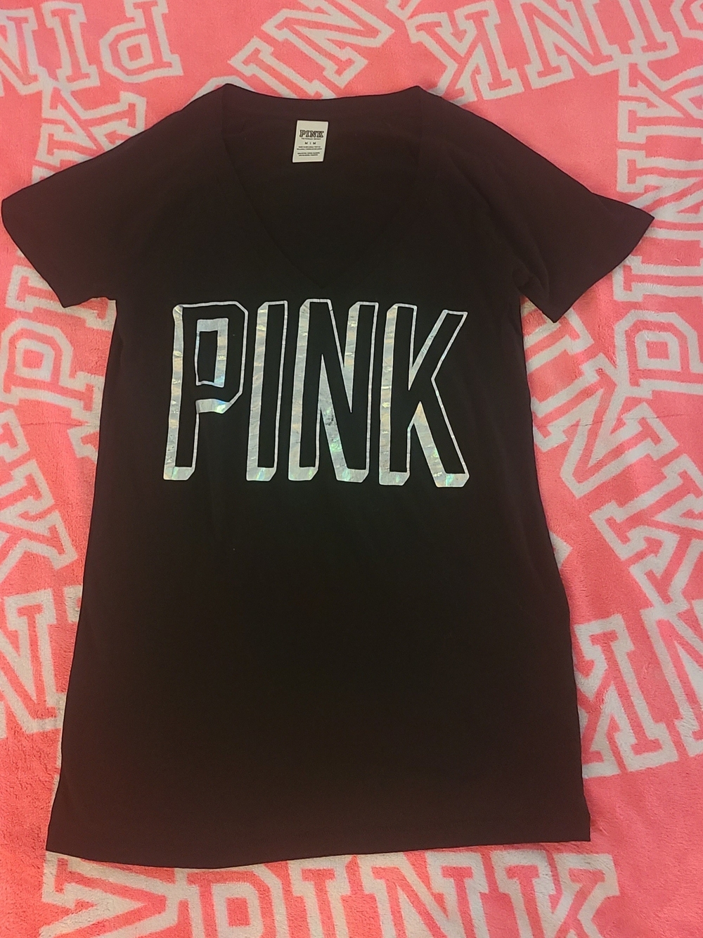 PINK Victoria's Vintage Black V Neck Short Sleeve Tee with Holographic Logo- M